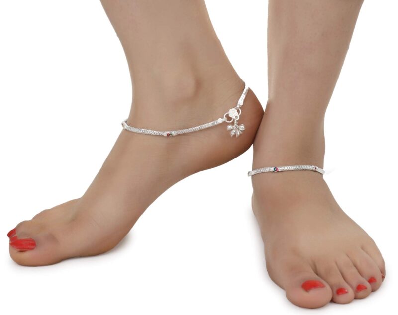 AanyaCentric Indian Traditional Ethnic White Metal Anklet Pair Silver Leg Bracelet For Women Payal Girls Kolusu - Image 3