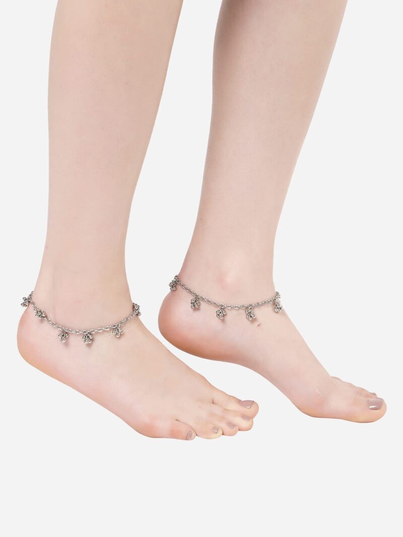 Karatcart Tassel Ball Studded Handcrafted Oxidised Silver Anklets for Women - Image 2