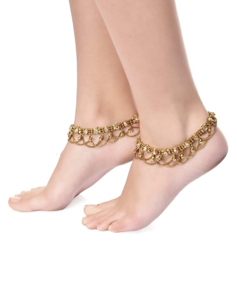 Shining Diva Fashion Traditional Antique Gold Plated Anklets for Women & Girls | Kundan Stone Ghungroo Payal Ethnic Bridal Jewellery for Wedding Party - Image 2
