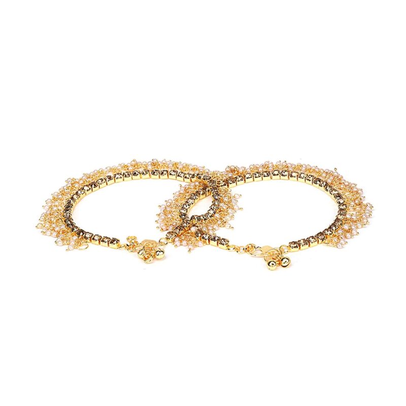 WomenSky Traditional Pearls Stone Fancy Gold Plated Payal/Anklet/Pajeb/Payjeb/Painjan/Ghungroo/Anklet Bracelet/Pattilu for Women