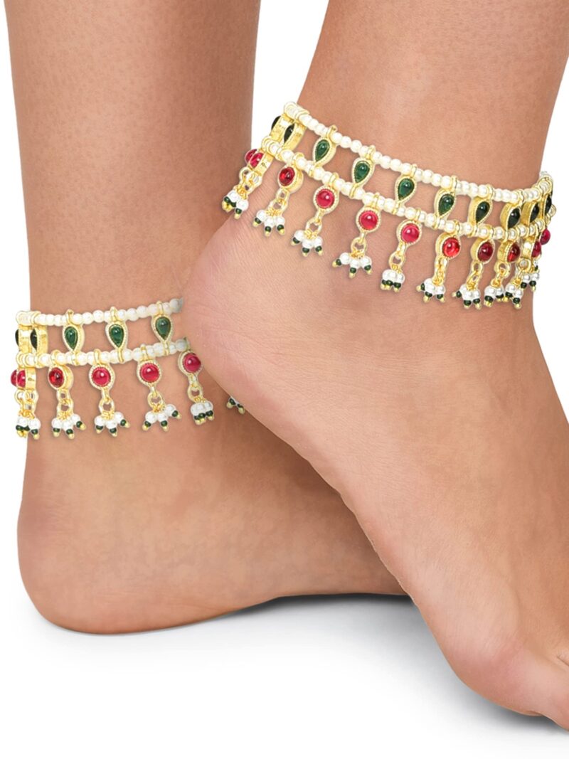ZAVERI PEARLS Green & Pink Traditional Kundan Payal For Women (2 Anklets)-ZPFK11059 - Image 6