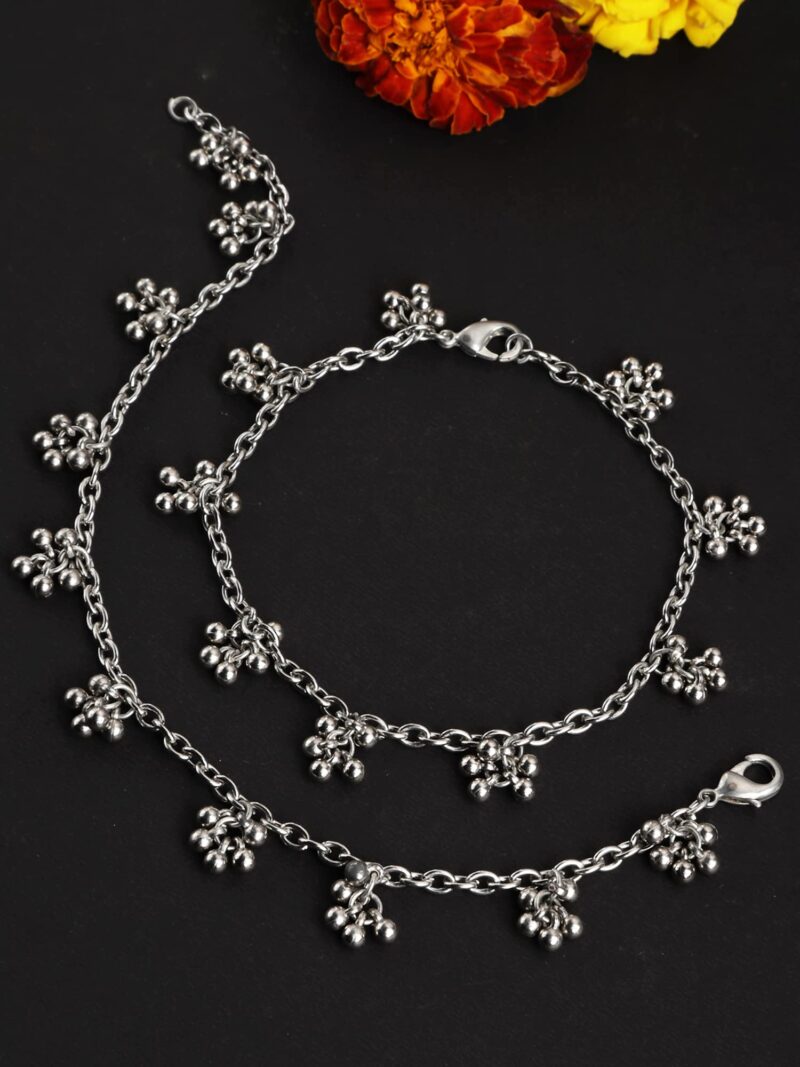 Karatcart Tassel Ball Studded Handcrafted Oxidised Silver Anklets for Women - Image 3