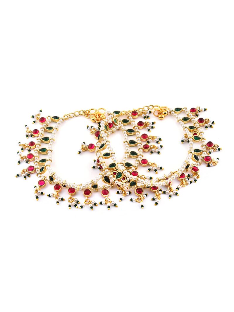 ZAVERI PEARLS Green & Pink Traditional Kundan Payal For Women (2 Anklets)-ZPFK11059