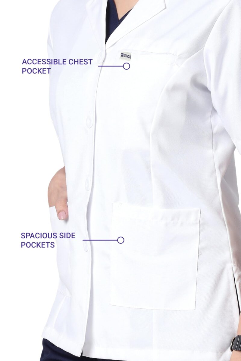 KNYA Women's Lab Coat | Poly Viscose Short Sleeves Short Medical Apron | 3 Pockets Apron Lab Coat | Uniform for Doctors | XXXL, White - Image 3