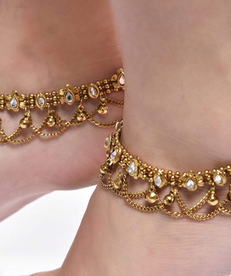 Shining Diva Fashion Traditional Antique Gold Plated Anklets for Women & Girls | Kundan Stone Ghungroo Payal Ethnic Bridal Jewellery for Wedding Party - Image 3