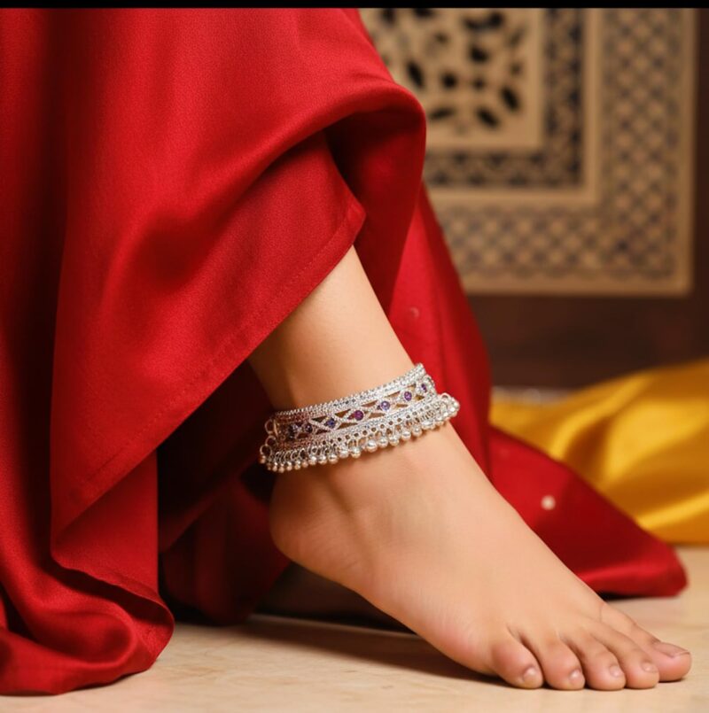Heavy Fancy Anklets Payal - Silver Gola Design with Jhaalar & Ghungroo, Meena Work, Oxidized Look for Women & Girls, Ideal for Traditional Indian Attire