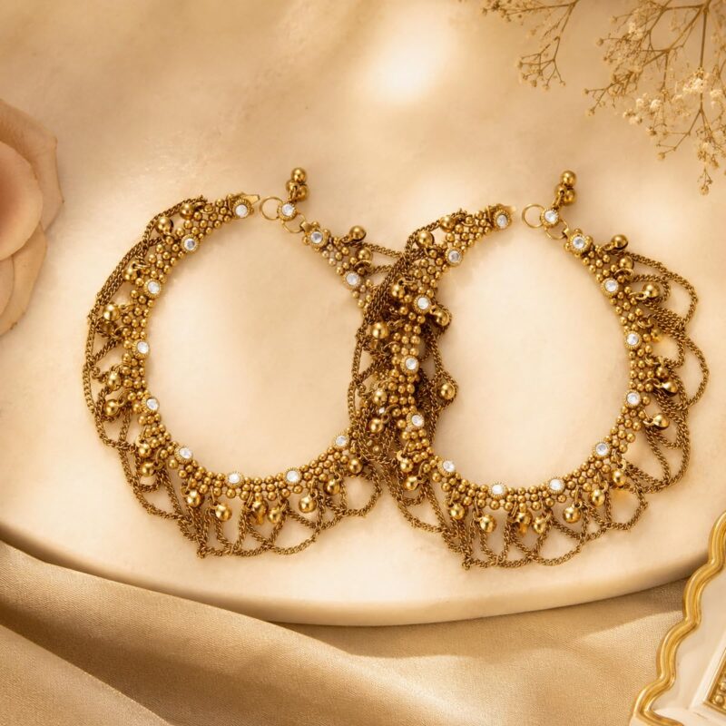 Shining Diva Fashion Traditional Antique Gold Plated Anklets for Women & Girls | Kundan Stone Ghungroo Payal Ethnic Bridal Jewellery for Wedding Party - Image 4
