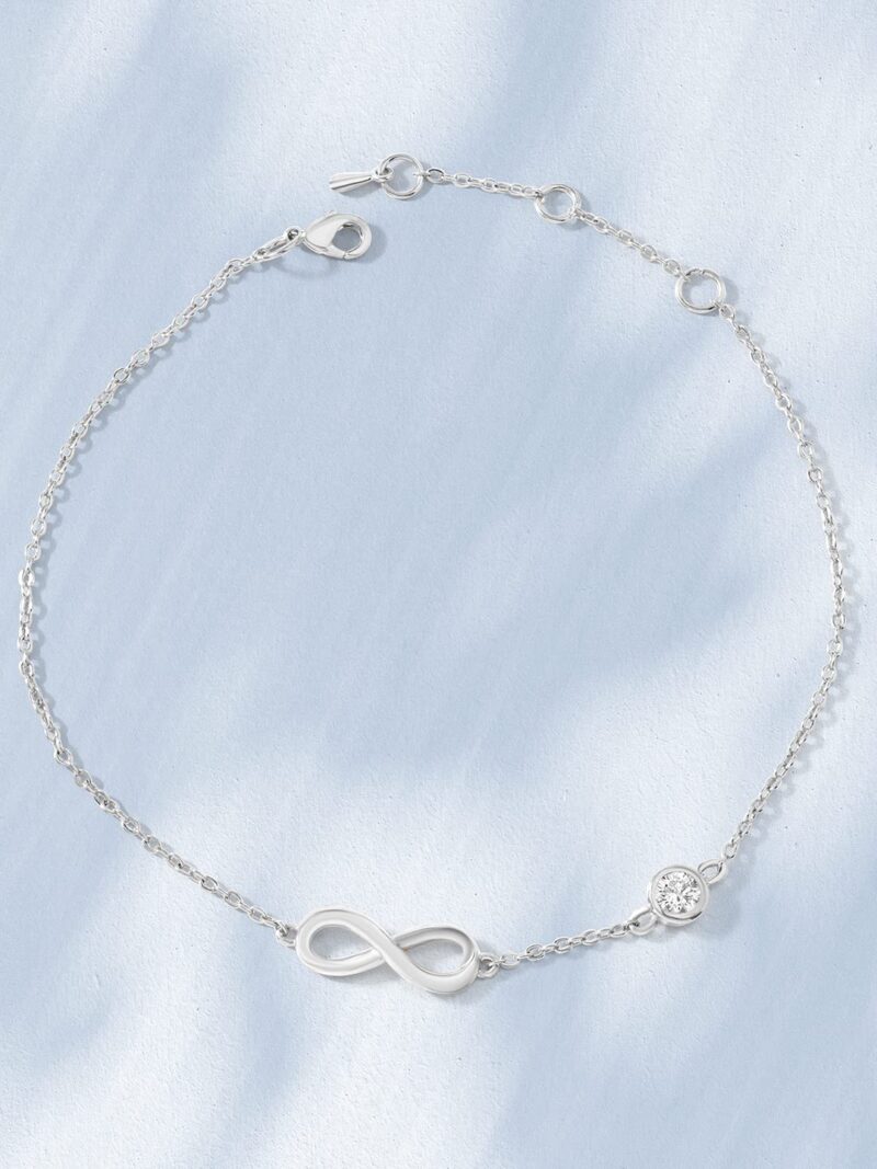 MINUTIAE Infinity Shape Anklet With Solitaire Crystal Diamonds Painjan Payal Leg Chain Foot Jewellery For Women and Girls (Silver) - Image 4