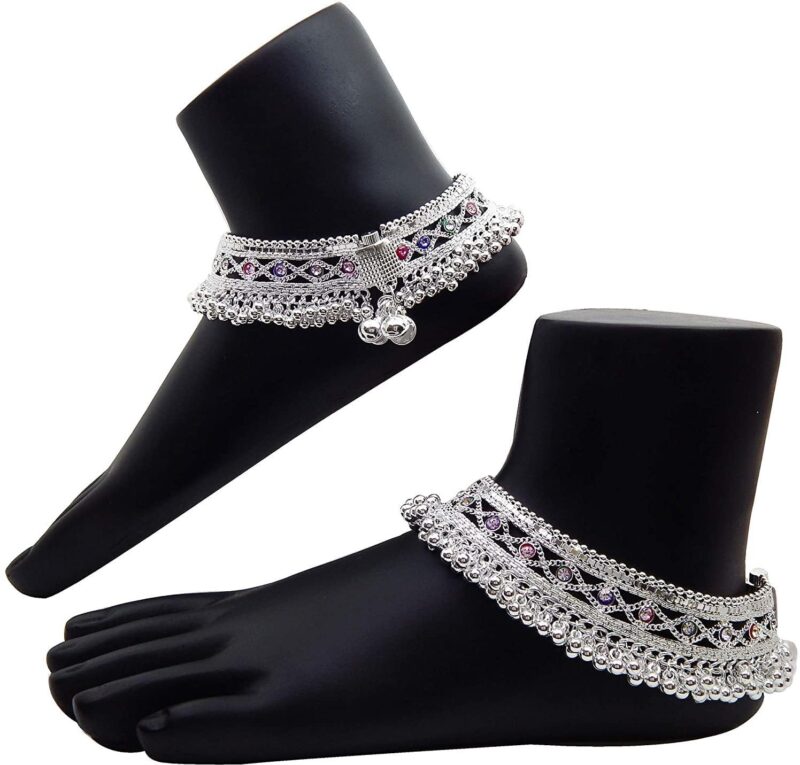 WomenSky Traditional Indian Heavy Fancy Silver Gola Payal For Women With Jhaalar | Meena Work Girls Anklets With Sound Making Ghungroo