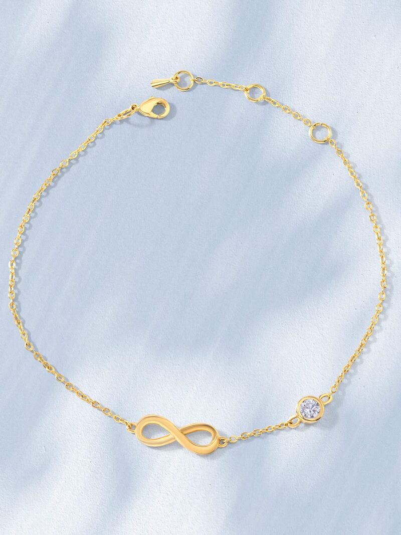 MINUTIAE Infinity Shape Anklet With Solitaire Crystal Diamonds Painjan Payal Leg Chain Foot Jewellery For Women and Girls (Gold) - Image 4