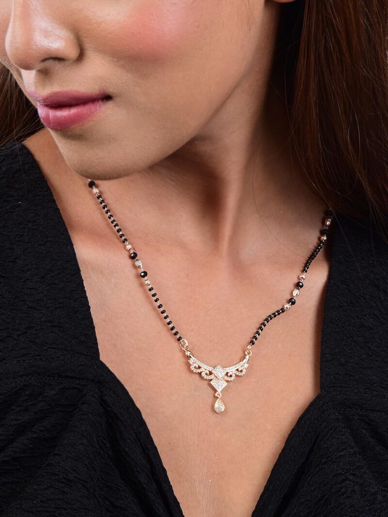 Nilu's Collection Rose Gold Plated Designer Mangalsutra | American Diamond Stone and Black Beads | for Girls and Women | Karwachauth | Any Function | Daily use, Office wear | Lightweight (Style 3) - Image 5