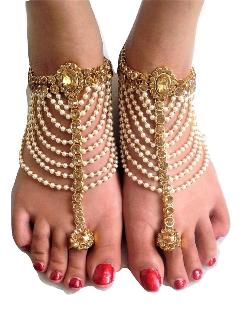 WomenSky Antique Traditional Kundan Pearls Stone gold Plated Payal/Anklet for Women and Girls
