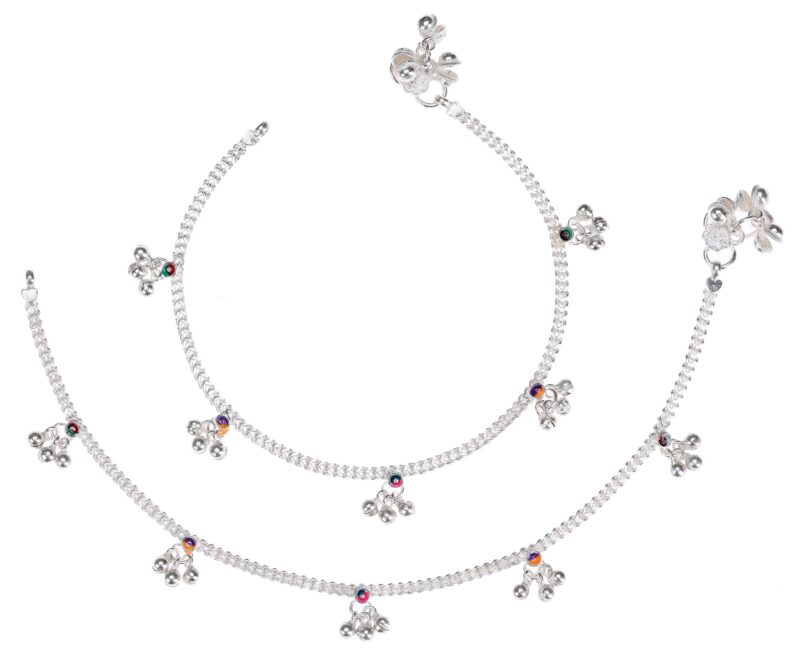 AanyaCentric Indian Traditional Ethnic White Metal Anklet Pair Silver Bracelet For Women Payal Girls Kolusu Anklets Stylish Oxidised