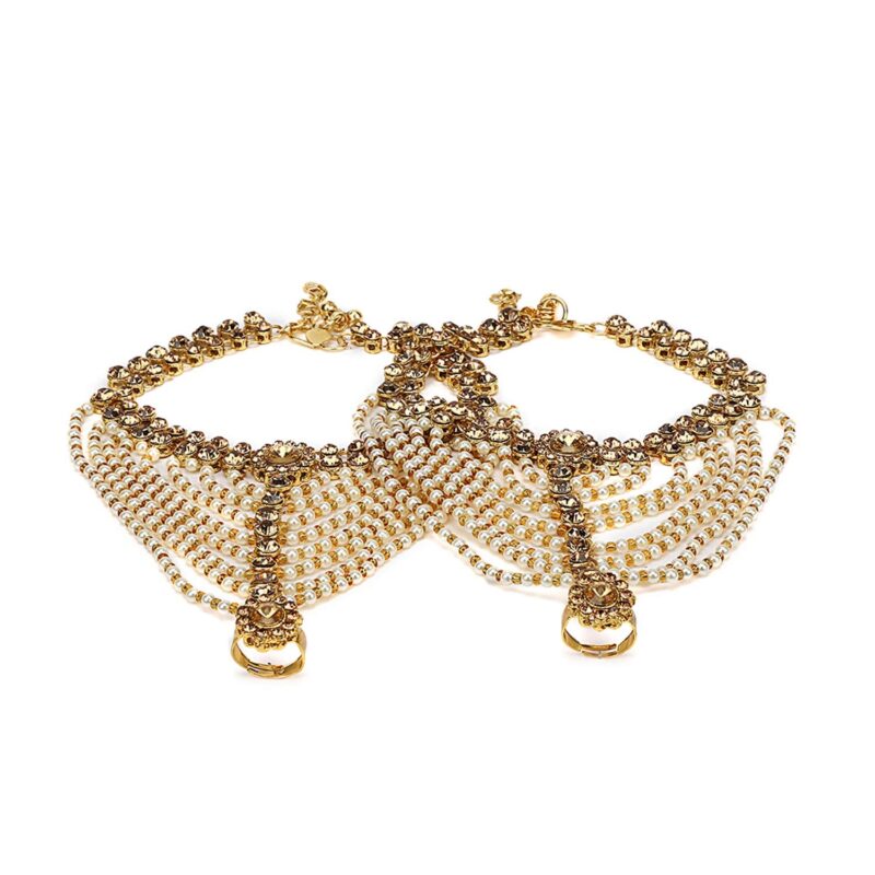 WomenSky Antique Traditional Kundan Pearls Stone gold Plated Payal/Anklet for Women and Girls - Image 6