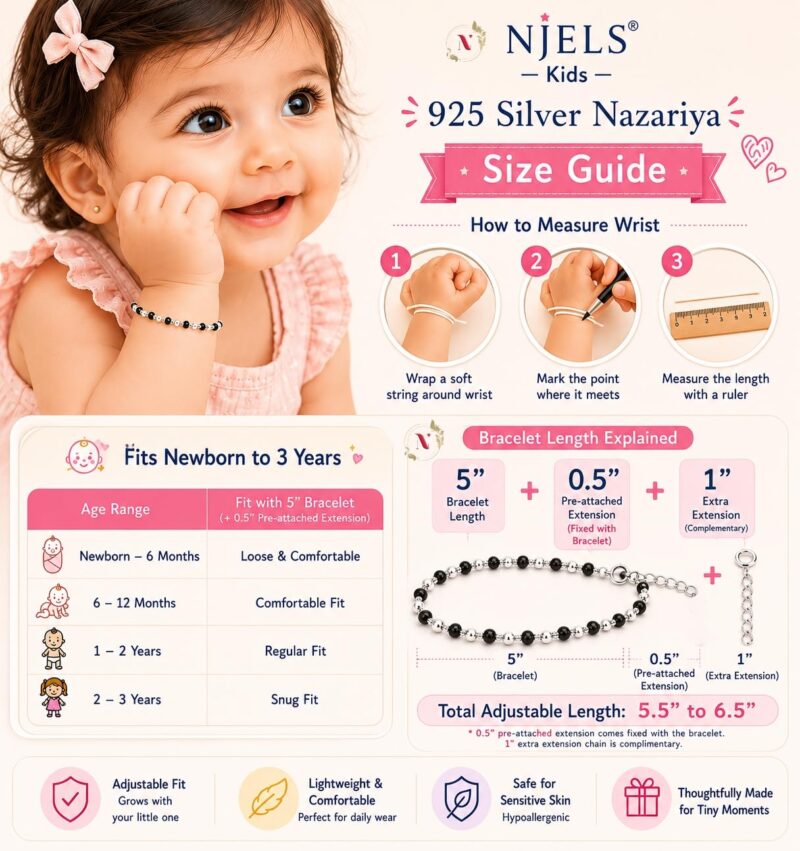 Njels 925 Silver Nazariya for Baby Boy and Baby Girls | New Born to 3 years Age | 5.5 Inch Plus 1.0 Inch Extension Chain | 925 BIS Hallmarked Silver Bangles for Baby Girl - Image 4