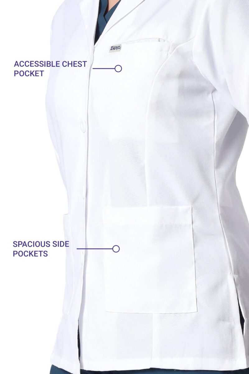KNYA Women's Lab Coat | Poly Viscose Long Sleeves Short Medical Apron | 3 Pockets Apron Lab Coat | Uniform for Doctors | XXL, White - Image 3