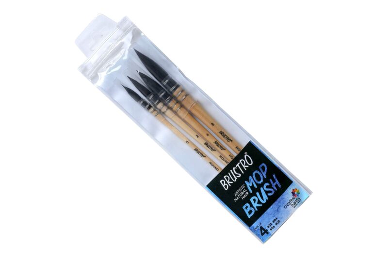 BRUSTRO Artist's Natural Hair MOP Brush | Set of 4 - (0, 2, 4, 8) | Ideal for Watercolor, Blend, Round Paint Brush, Art Painting, Colour, Gouache, Wooden Handle, Professional and Students