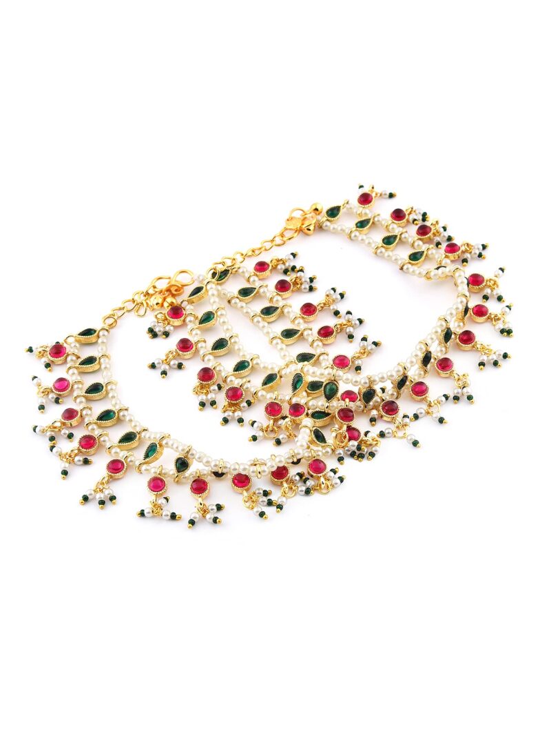 ZAVERI PEARLS Green & Pink Traditional Kundan Payal For Women (2 Anklets)-ZPFK11059 - Image 4