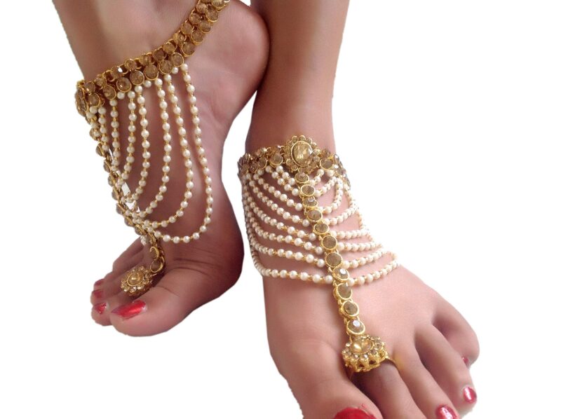 WomenSky Antique Traditional Kundan Pearls Stone gold Plated Payal/Anklet for Women and Girls - Image 2