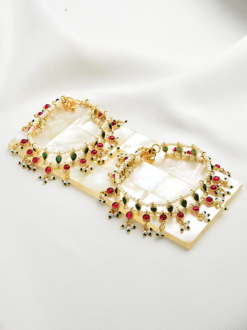 ZAVERI PEARLS Green & Pink Traditional Kundan Payal For Women (2 Anklets)-ZPFK11059 - Image 2