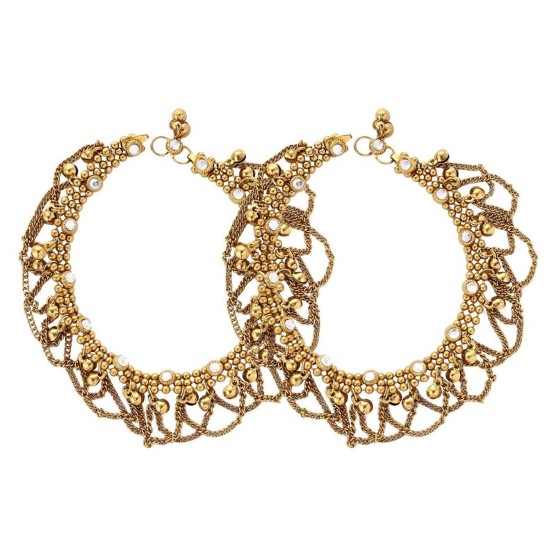 Shining Diva Fashion Traditional Antique Gold Plated Anklets for Women & Girls | Kundan Stone Ghungroo Payal Ethnic Bridal Jewellery for Wedding Party