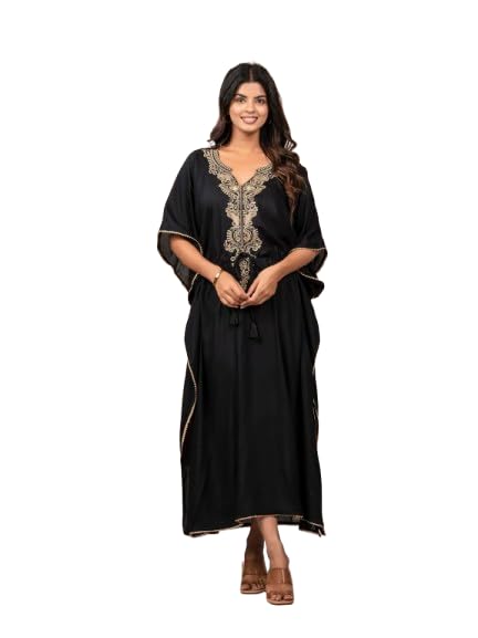 Jaipur Export Quality 100% Pure Rayon Block Print Women's Designer Kaftan Dress || Soft and (Non-Transparent Fabric) b;ack morraccan Black