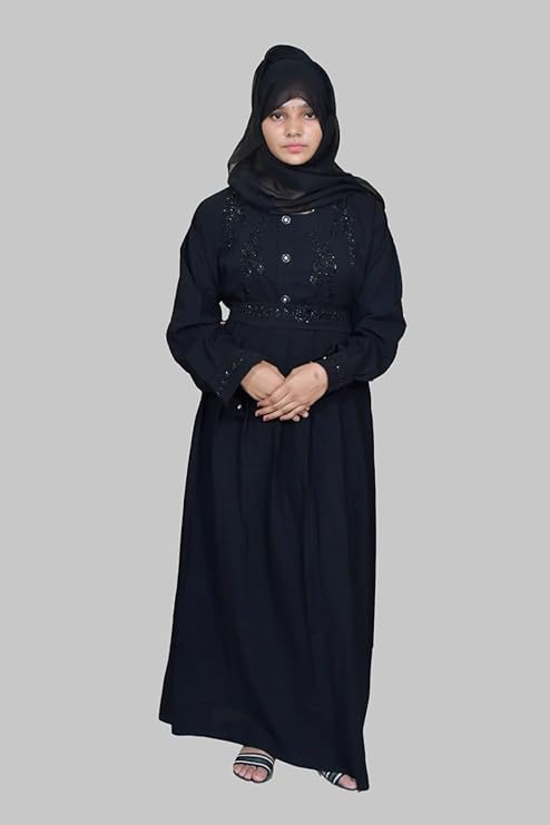Women's Pure Cotton Muslim Abaya Burqa with Hijab | Dubai Style Kaftan with Front Patti & Sleeves Embroidery for Eid & Ramjan (Free Size) - Image 2