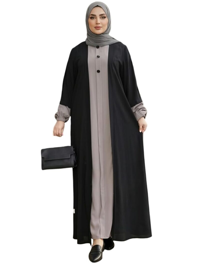 ERAM TRADERS Premium Firdous Fabric, Stylish Dual-Tone, Front Buttons, Black & Grey Color-Blocked Abaya (Pack of 1)