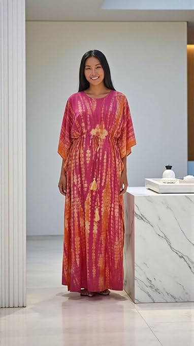 Eddika Women's Rayon Hand Tie-Dye Kaftan Top/Maxi Night Dress (Fit Upto 44 Inches) (Yellow and Pink) - Image 6