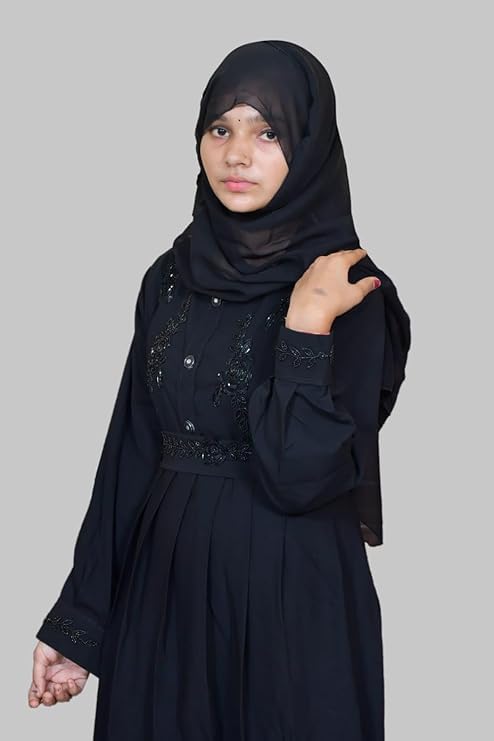 Women's Pure Cotton Muslim Abaya Burqa with Hijab | Dubai Style Kaftan with Front Patti & Sleeves Embroidery for Eid & Ramjan (Free Size) - Image 4
