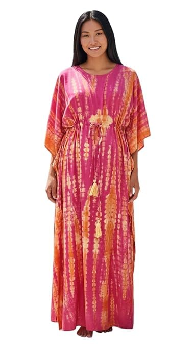 Eddika Women's Rayon Hand Tie-Dye Kaftan Top/Maxi Night Dress (Fit Upto 44 Inches) (Yellow and Pink)