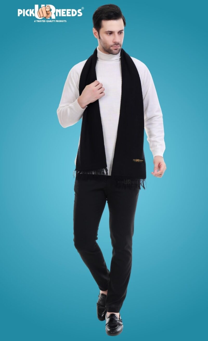 Premium Men's Warm And Stylish Woolen Muffler With Solid Color Plain Design And Stylish Tussles Ends Muffler For Men (Black) - Image 3