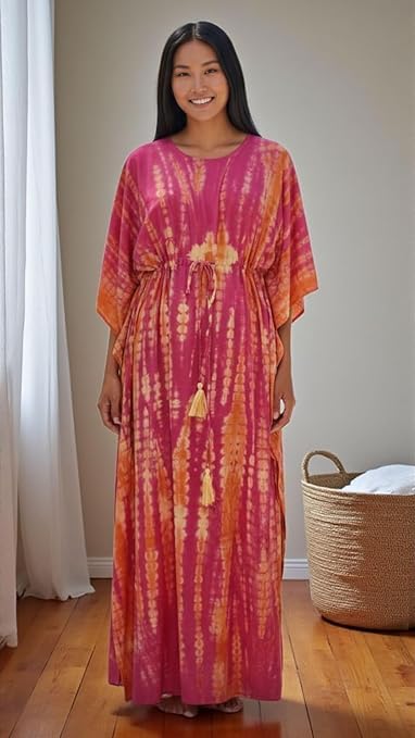 Eddika Women's Rayon Hand Tie-Dye Kaftan Top/Maxi Night Dress (Fit Upto 44 Inches) (Yellow and Pink) - Image 4