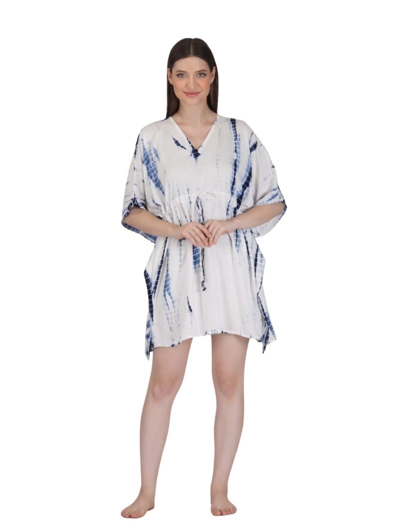 Safeera Women's Printed Rayon Short Kaftan with Pocket | Soft & Breathable Lounge Wear | Kaftan Dress for Women | Kaftan Nighty | Relaxed Fit | Free Size Whiteblue