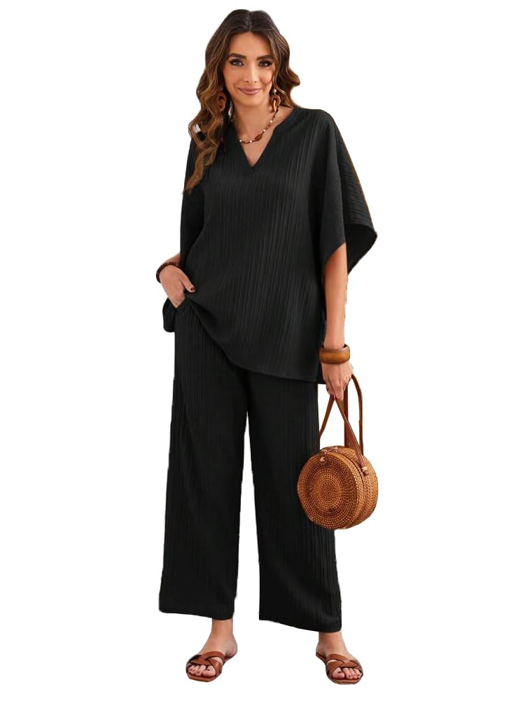 TADKEE Women's Solid Color V-Neck Kaftan Sleeve Casual Wear Co ord Set | Kurta Set for Women (FN-Sugar-Cord-121-Black-XL)