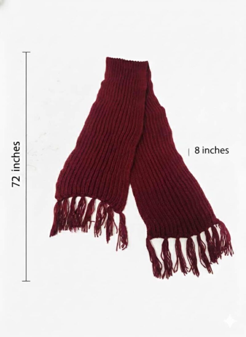 Muffler Scarf, Red Ribbed Knit Winter Scarf with Tassels (maroon) - Image 3