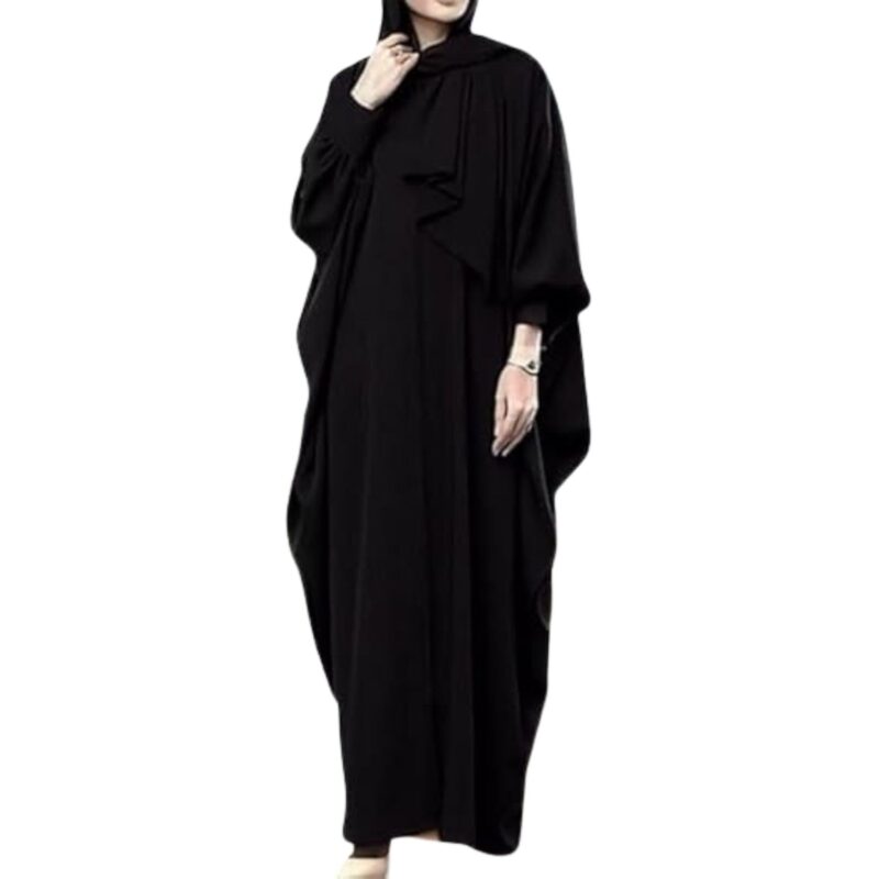 Musheco Black Kaftan Style Front-Open Abaya in Nida Satin Fabric with Zipper – One Size Modest Wear for Women