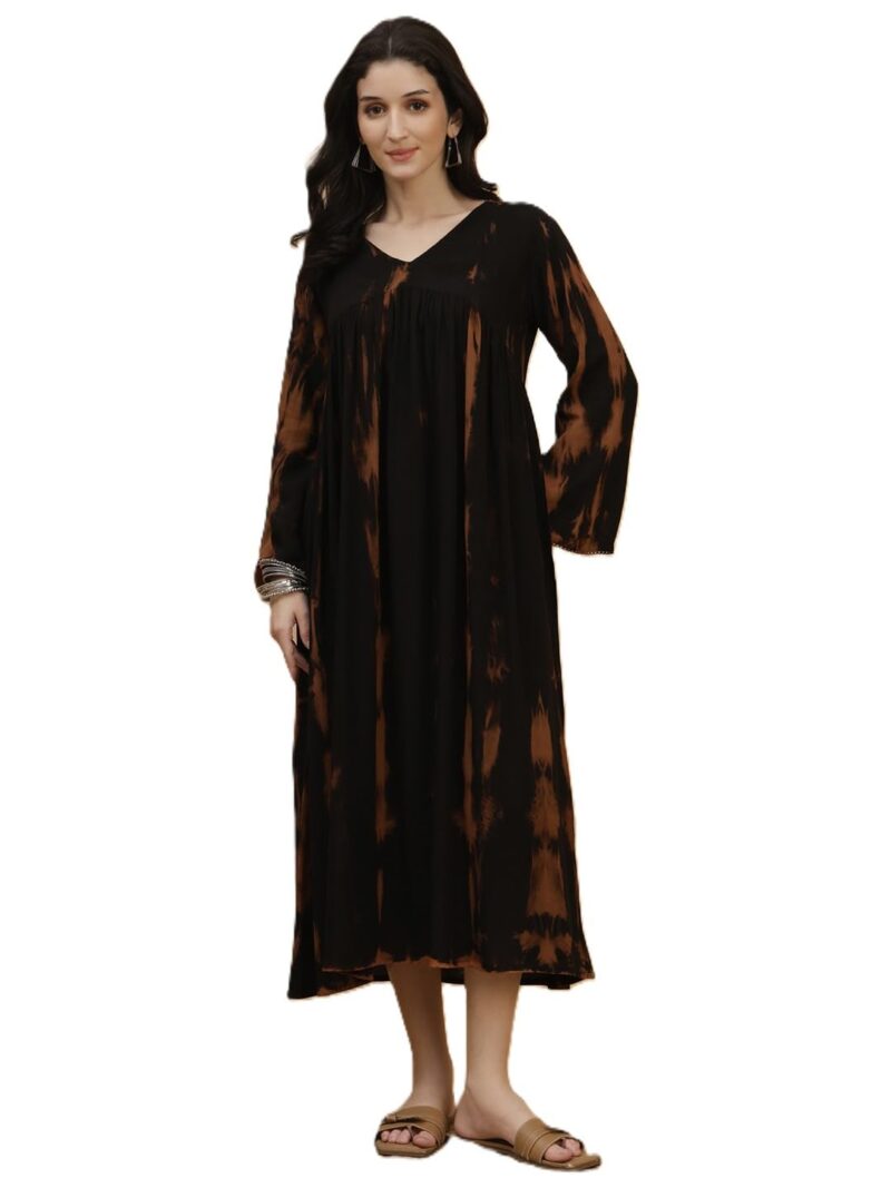 Maaesa Women Black Handcrafted Tie & Dye Rayon Staple V-Neck A-Line Dress | Casual & Office Wear | Lightweight & Breathable Fabric