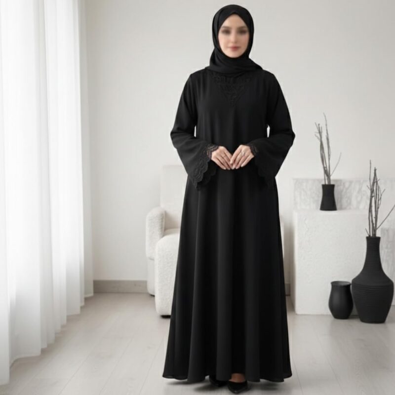 Women’s Premium Black Firdous Abaya with Elegant Lace Sleeves | Long Sleeves | Modest Islamic Wear Kaftan Burqa Dress | Without Dupatta - Image 3