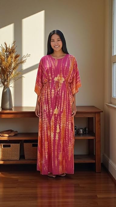 Eddika Women's Rayon Hand Tie-Dye Kaftan Top/Maxi Night Dress (Fit Upto 44 Inches) (Yellow and Pink) - Image 7