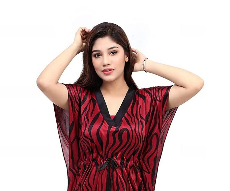G4Girl Women's Satin Silk Geometric Print Maxi Kaftan Nighty Gown (Free Size, Maroon) - Image 5