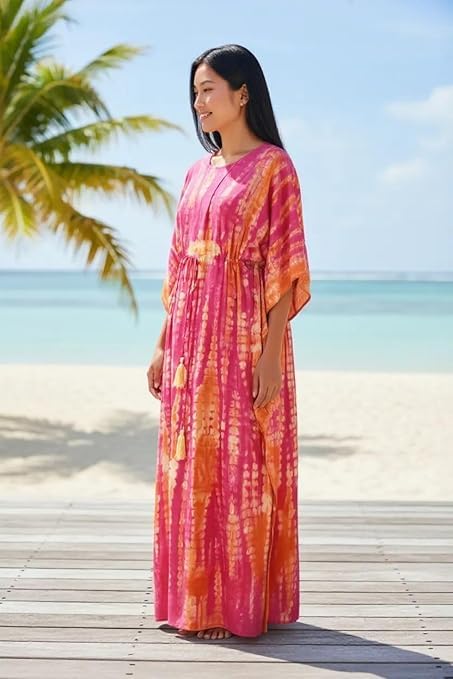 Eddika Women's Rayon Hand Tie-Dye Kaftan Top/Maxi Night Dress (Fit Upto 44 Inches) (Yellow and Pink) - Image 3