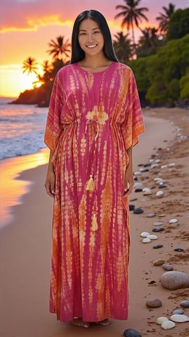 Eddika Women's Rayon Hand Tie-Dye Kaftan Top/Maxi Night Dress (Fit Upto 44 Inches) (Yellow and Pink) - Image 5