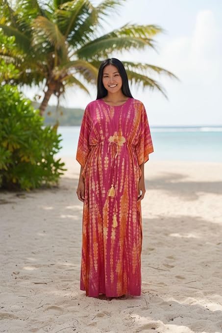 Eddika Women's Rayon Hand Tie-Dye Kaftan Top/Maxi Night Dress (Fit Upto 44 Inches) (Yellow and Pink) - Image 2