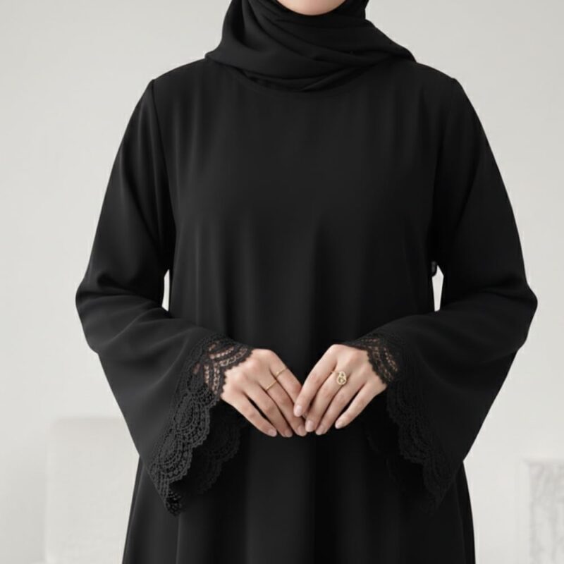 Women’s Premium Black Firdous Abaya with Elegant Lace Sleeves | Long Sleeves | Modest Islamic Wear Kaftan Burqa Dress | Without Dupatta - Image 2
