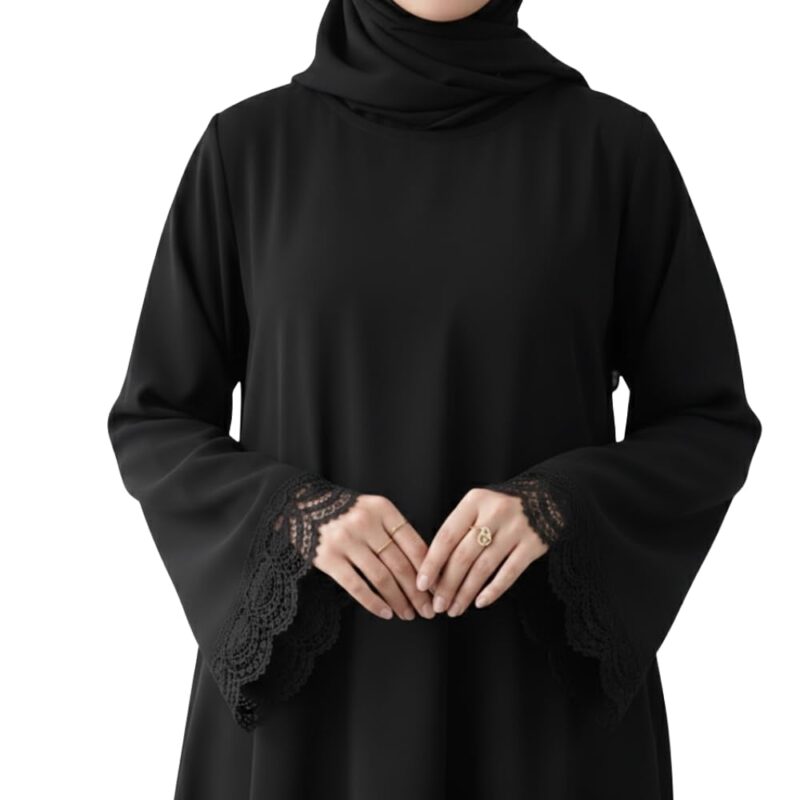Women’s Premium Black Firdous Abaya with Elegant Lace Sleeves | Long Sleeves | Modest Islamic Wear Kaftan Burqa Dress | Without Dupatta