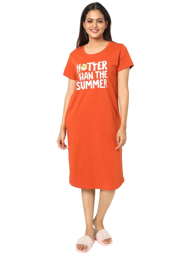 9shines Label For Women Hosiery Cotton Stylish Plus Size Short Nighty | Knee Length Night Dress with Pocket | Graphic Print Nightwear for Daily and Lounge Wear (9SPMY23-SO-L), Orange - Image 2