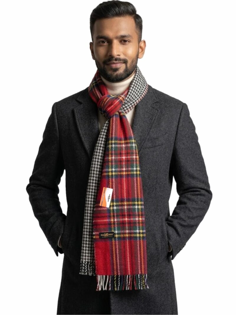 Reversible Winter Muffler for Men | Premium Soft Wool Blend Scarf | Dual-Design Check & Houndstooth Pattern | Warm & Stylish Winter Neck Wrap (Red)