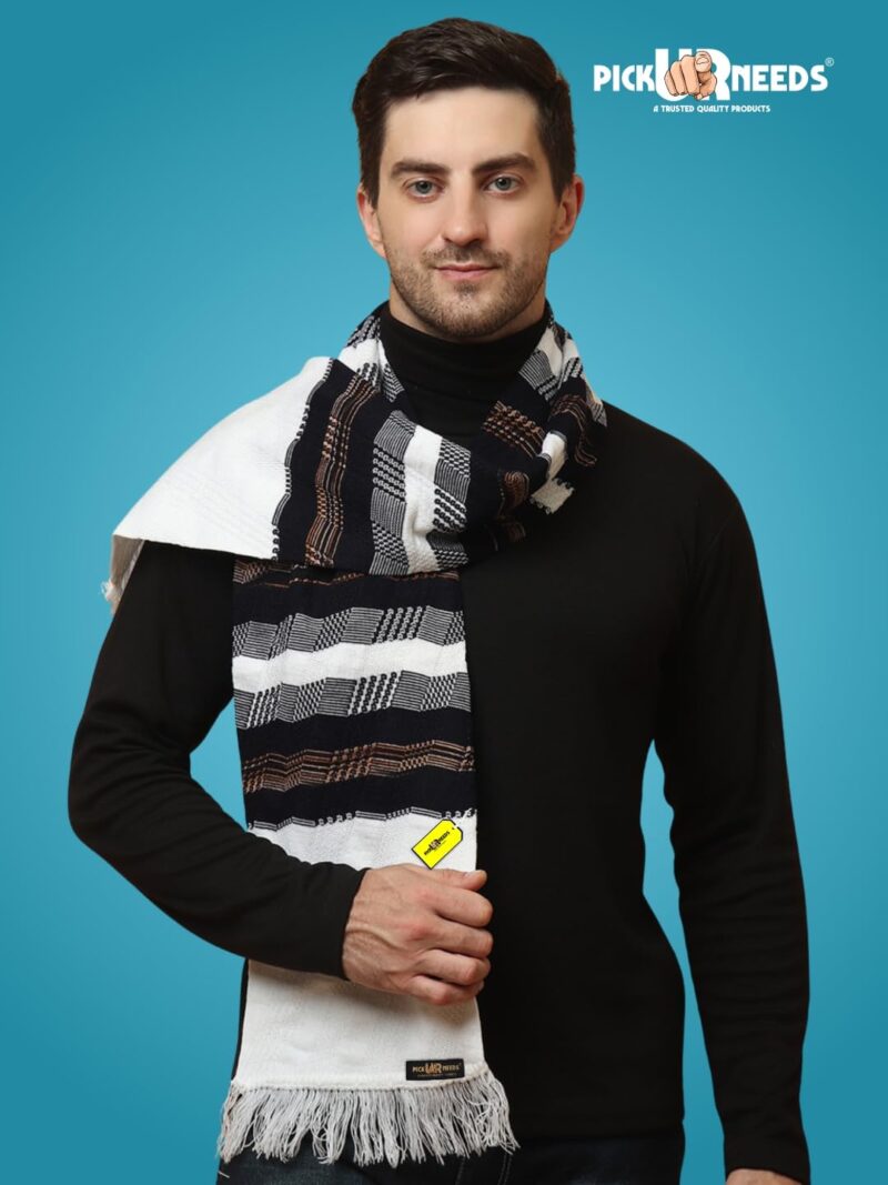 Soft Warm Wool Blend Scarf Premium Knitted Winter Muffler for Men with Stylish Geometric Pattern Trendy Casual & Formal Winter Wear Mufflers (White) - Image 2
