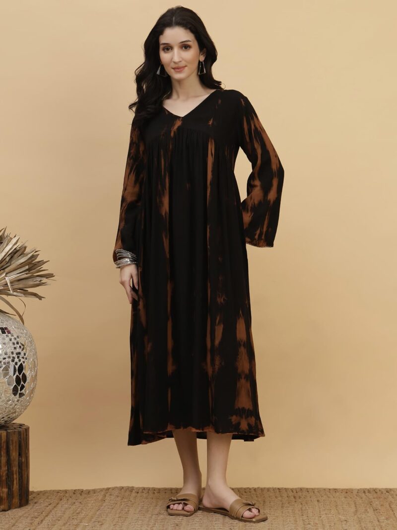 Maaesa Women Black Handcrafted Tie & Dye Rayon Staple V-Neck A-Line Dress | Casual & Office Wear | Lightweight & Breathable Fabric - Image 2